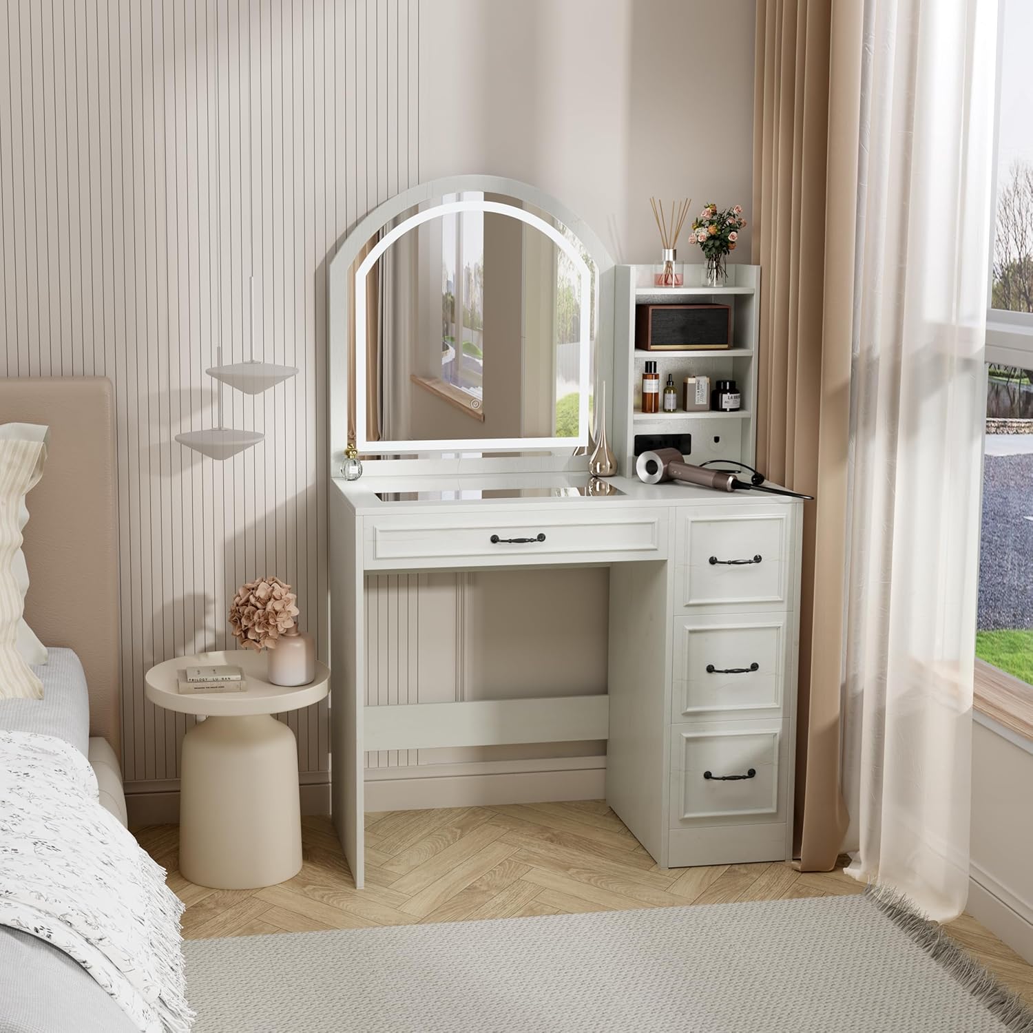 Home Outlet Bathroom Vanity - Moderner Schminktisch mit beleuchtetem Spiegel, Glasplatte,