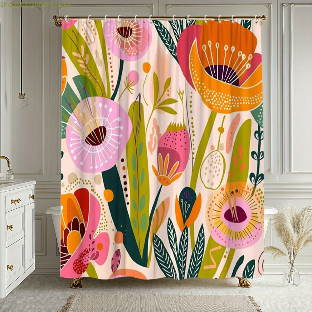 Home Bathroom Design Ideas - Lebendiger Blumenmuster-Duschvorhang, Abstraktes Botanisches Design, Wasserdichter