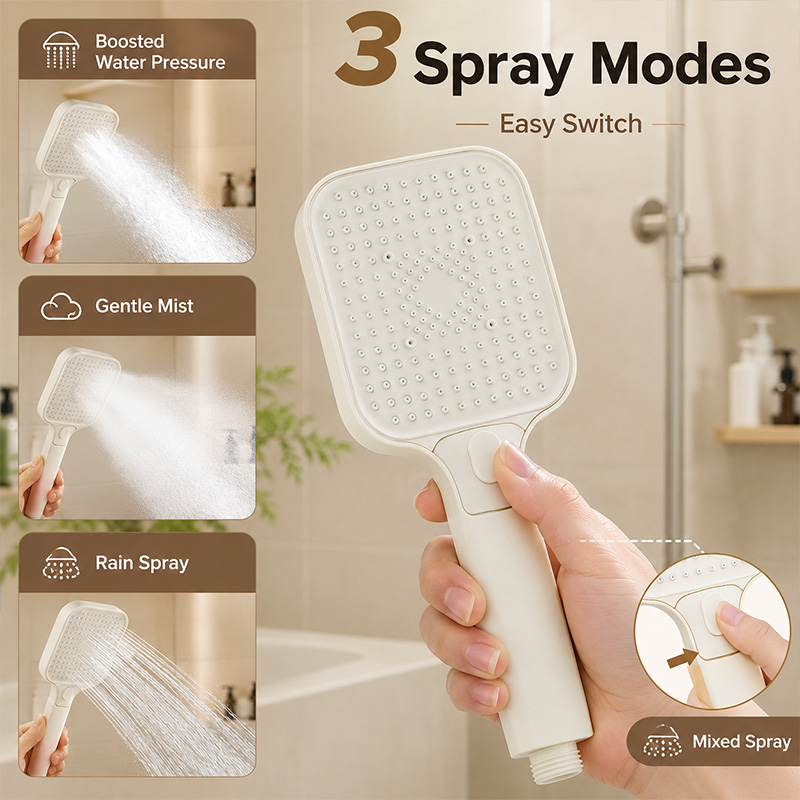 Jet Home Bathroom Accessories - Matte Creme 3-Modus Hochdruck-Handbrause Wassersparender Booster