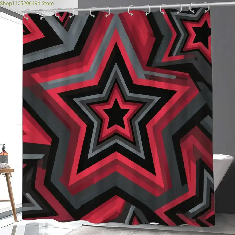 Home Bathroom Design Ideas - Auffälliger Roter Sternenmuster-Duschvorhang, Geometrisches Abstraktes Design,