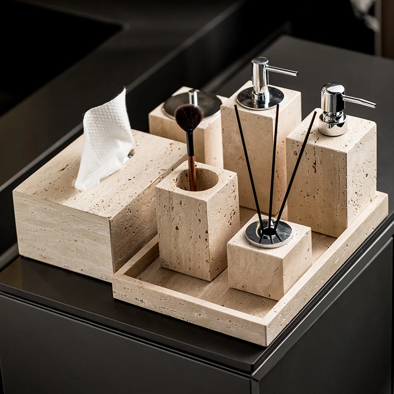 Zara Home Bathroom Set - Badezimmer-Set aus beigem Travertin, natürlicher Marmor,