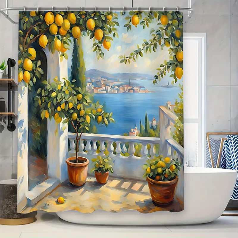 Home Bathroom Design Ideas - Mediterraner Zitronengarten Duschvorhang, Küstenvilla-Design, Wasserdichter Badvorhang