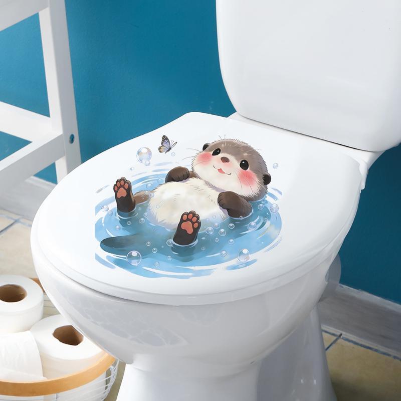 Jet Home Bathroom Accessories - Niedlicher Otter-Toilettentank-Aufkleber, Meereswellen-Vinyl-Aufkleber, selbstklebende Wandkunst für