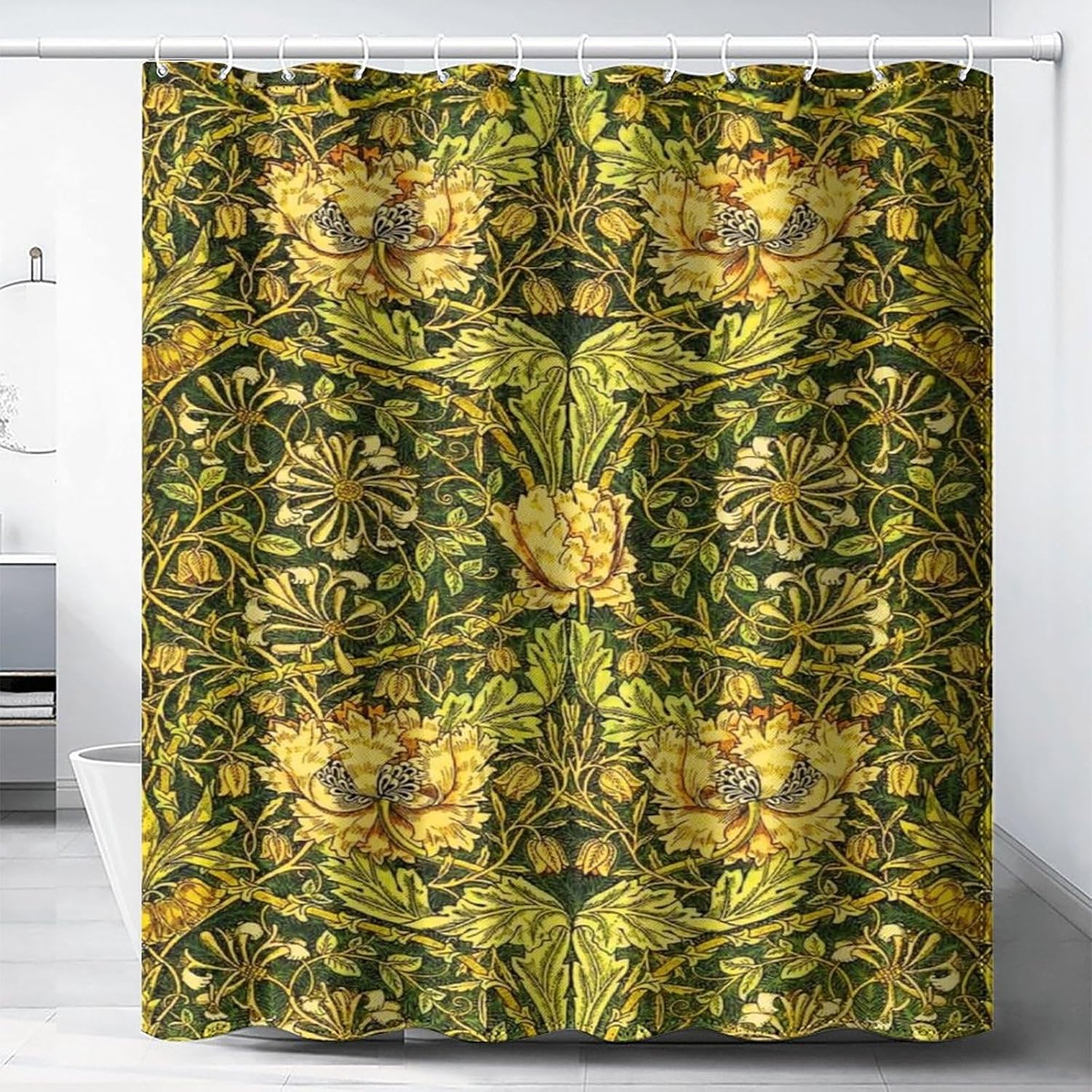 Home Bathroom Ideas - Wasserdichter Botanischer Duschvorhang Grün-Gelber Blumendruck Tropischer
