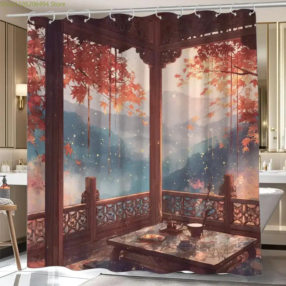 Home Bathroom Design Ideas - Chinesischer Herbst-Pavillon Duschvorhang, Traditionelles Gartenansicht-Design, Wasserdichter