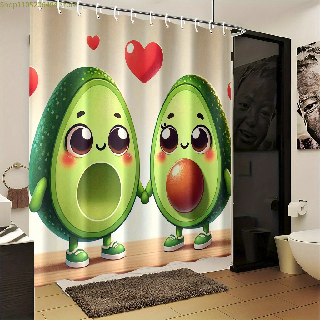 Home Bathroom Design Ideas - Niedlicher Avocado-Paar-Duschvorhang, Kawaii Liebesfrucht-Design, Wasserdichter Badvorhang
