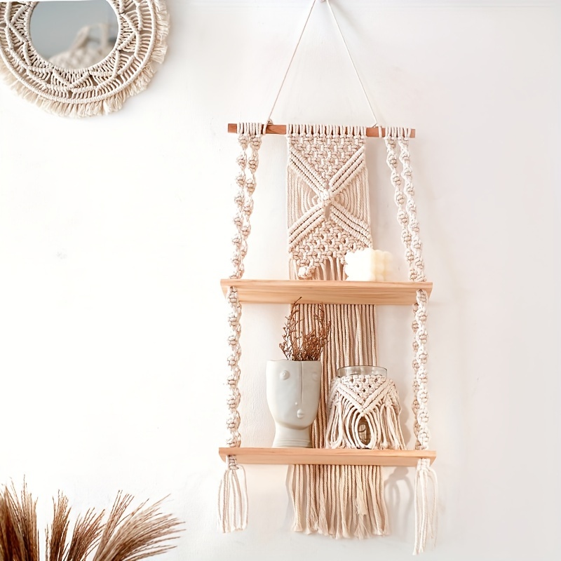 Home Bathroom Shelf - Böhmische handgefertigte Makramee-Wanddekoration, zweistufiges schwebendes Regal,