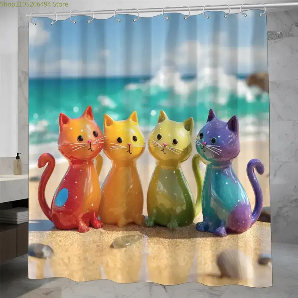 Home Bathroom Design Ideas - Bunter Regenbogen-Katzen-Duschvorhang mit Niedlichem Cartoon-Kätzchen am
