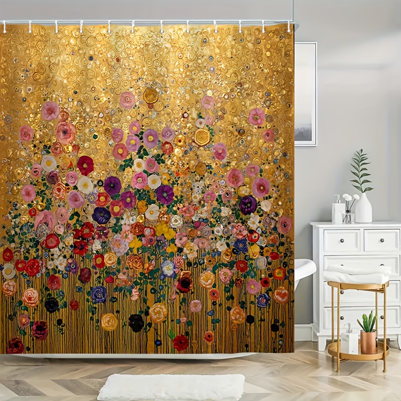 Home Bathroom Spa - Luxuriöser Goldener Blumendruck Duschvorhang Wasserdichter Polyester