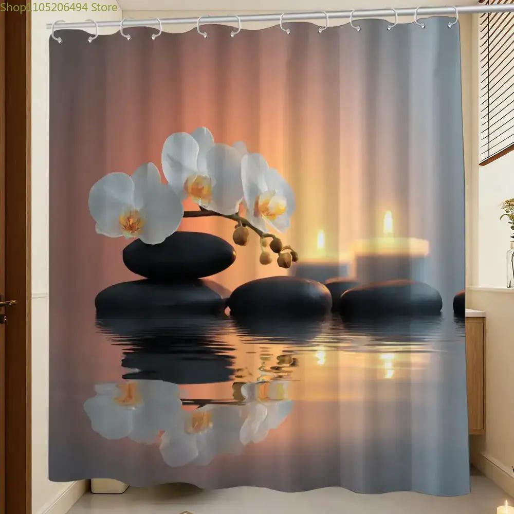 Home Bathroom Spa Ideas - Duschvorhang mit Zen-Orchideen und Steinen, Spa-Entspannungsdesign,