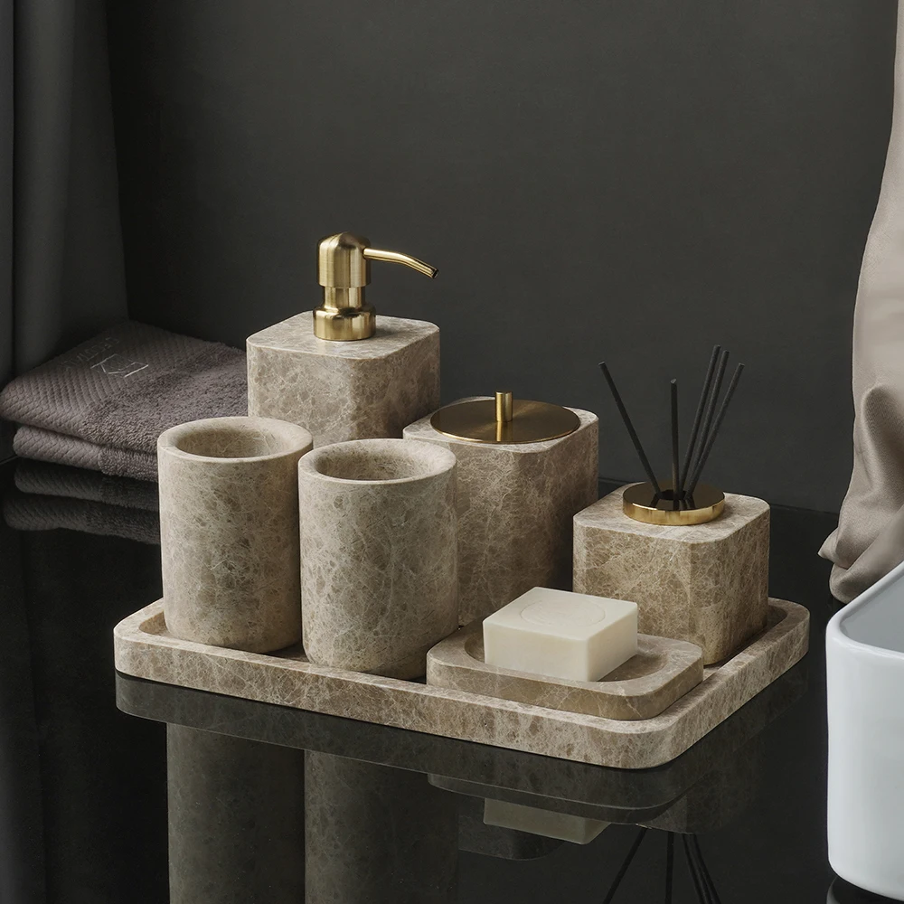 Zara Home Bathroom Set - Emperador Light Naturmarmor Badezimmer-Accessoires-Set Seifenschale Seifenhalter