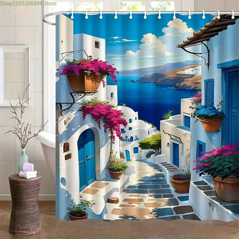 Home Bathroom Design Ideas - Santorini Griechische Insel Duschvorhang Blau-Weißes Dorf