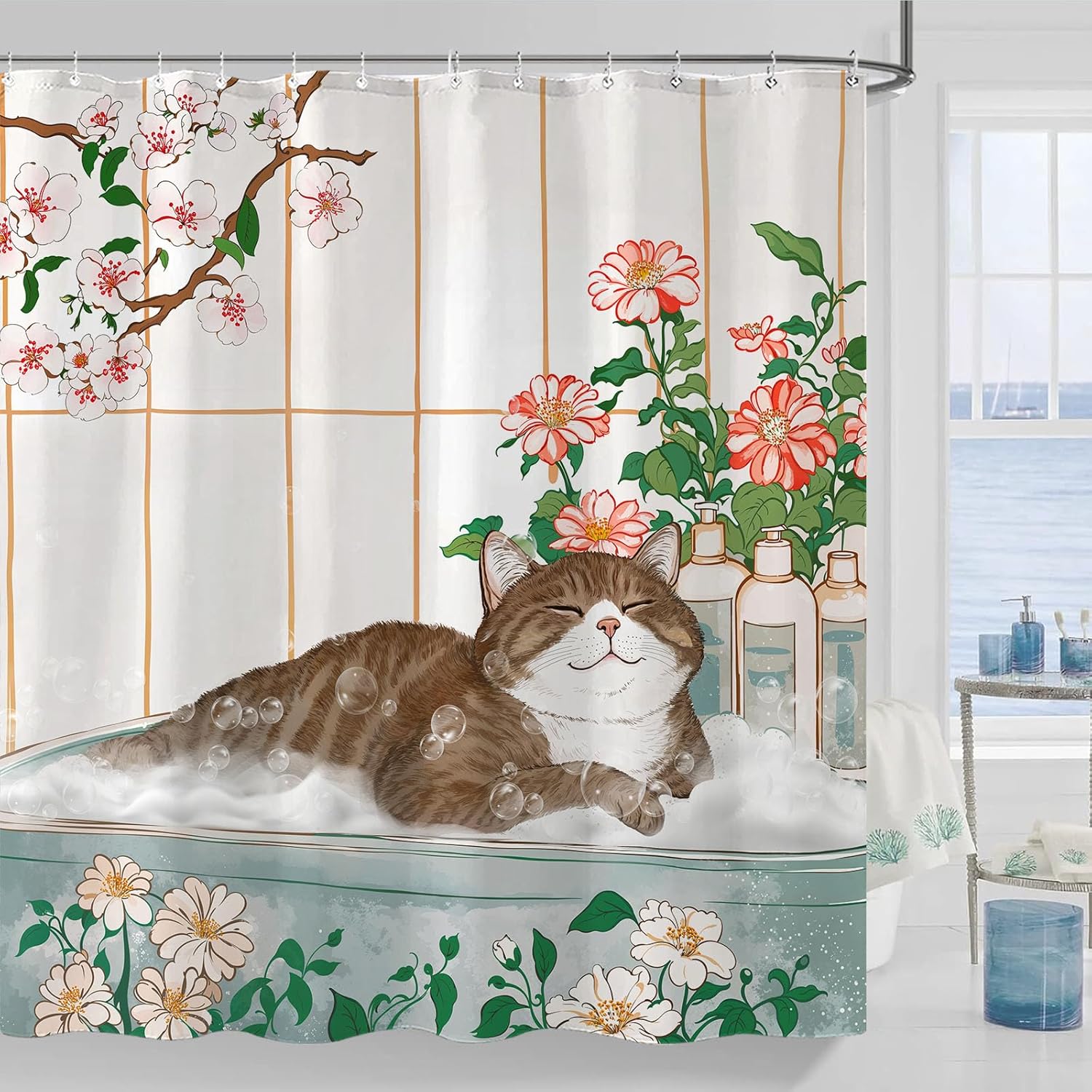 Home Bathroom Spa Ideas - Ästhetischer Katzen-Blumen-Aquarell-Duschvorhang Badezimmer-Dekoration Niedlicher Frühlings-Spa-Badvorhang Wohnungsdekorationsidee