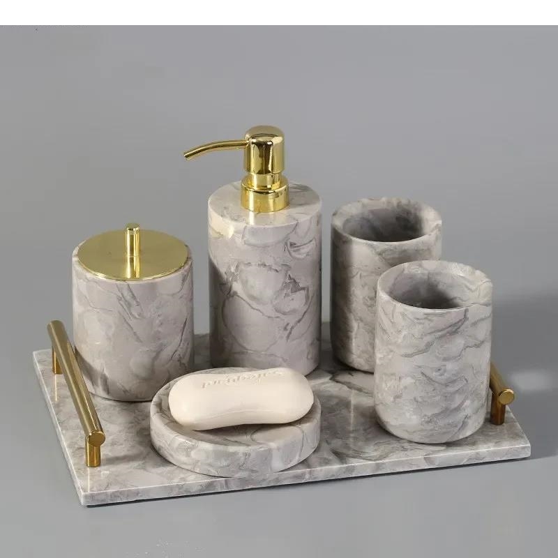 Zara Home Bathroom Set - Marmor-Kulturbeutel-Set, Wattestäbchen, Box, Mundbecher, Seifenspender, fünfteilig,